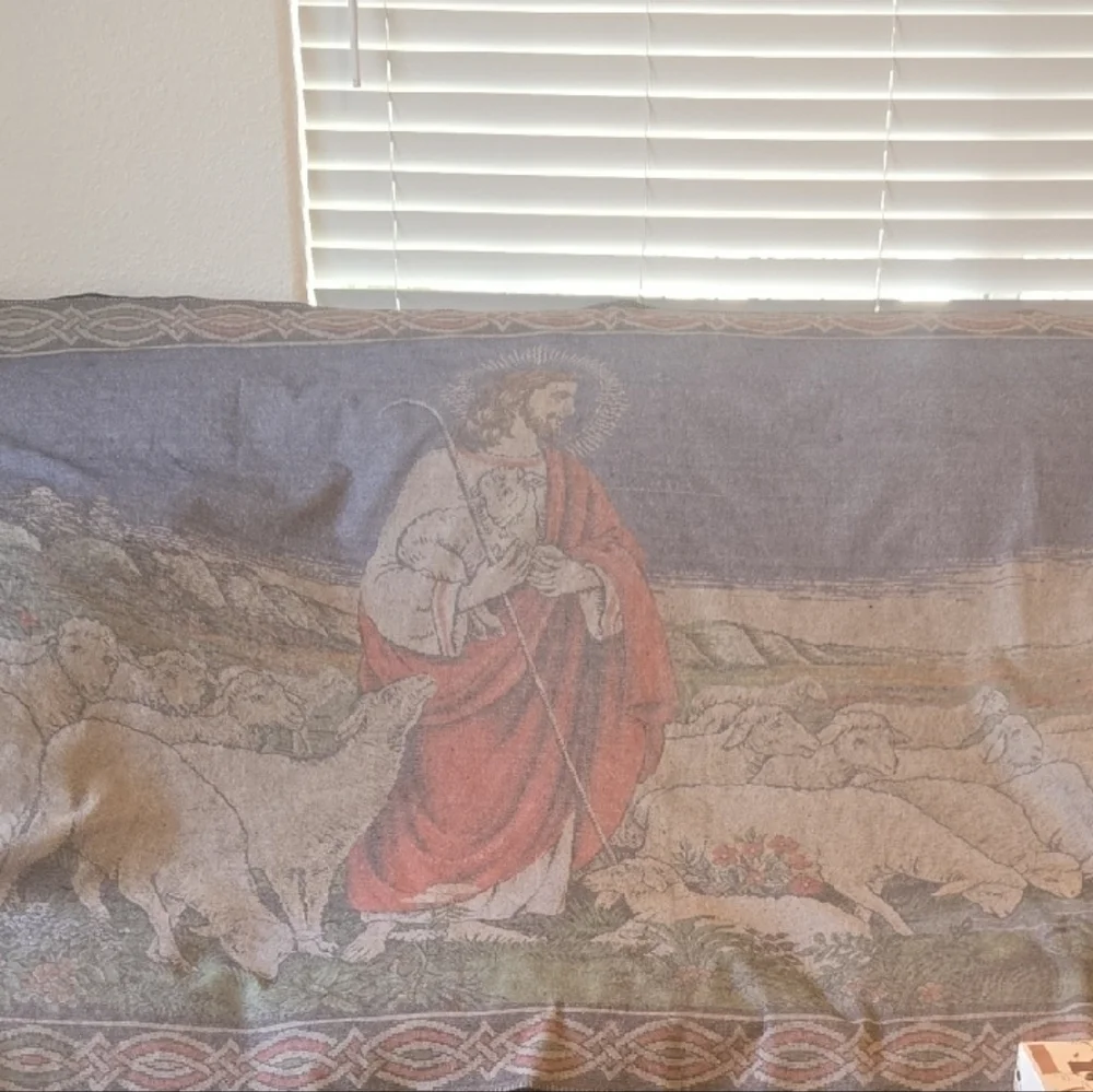 Religious Tapestry Wall Art with Red and Blue Accents